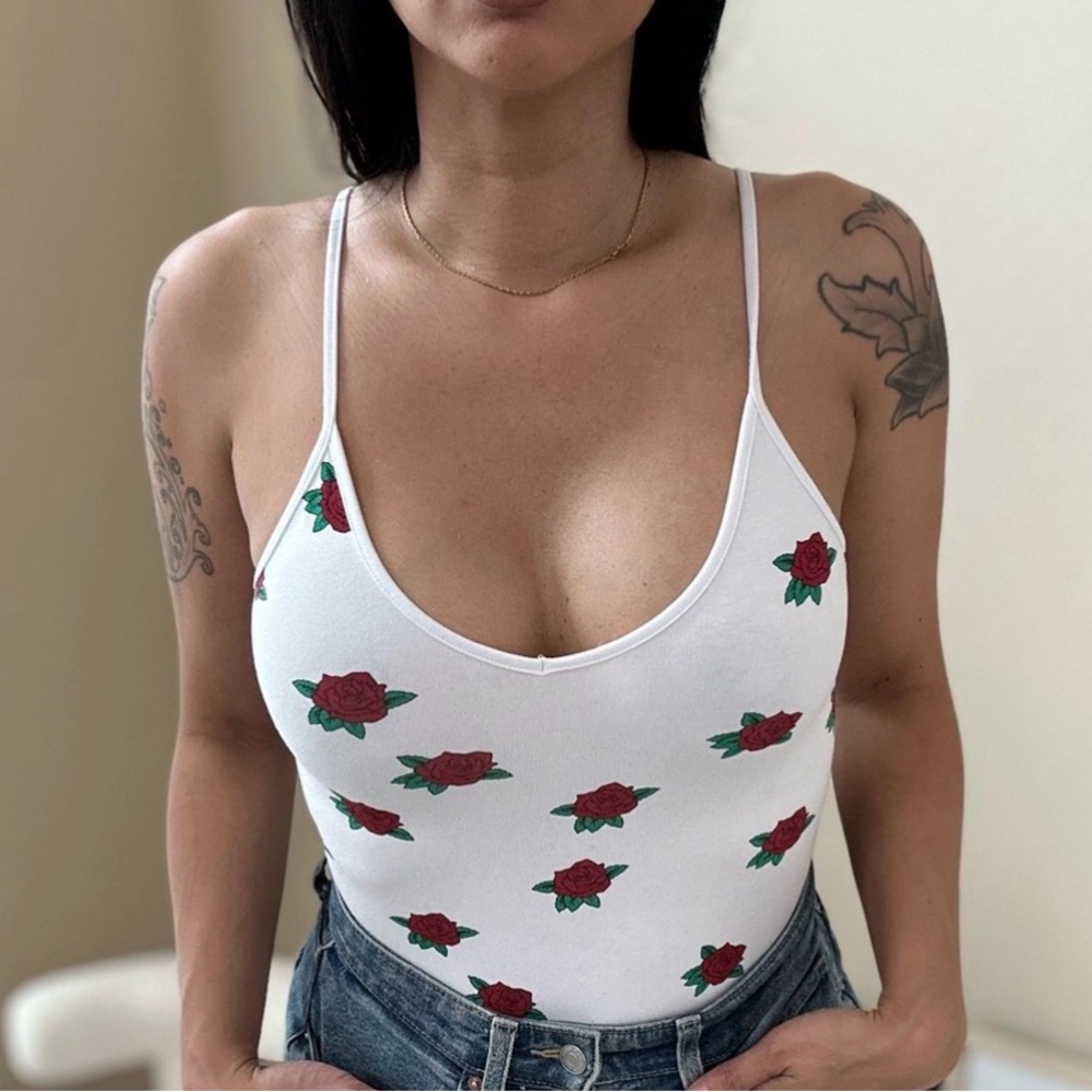 FOREVER 21 White with Red Rose Bodysuit